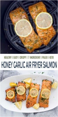 pinterest image for Easy Honey Garlic Air Fryer Salmon Recipe