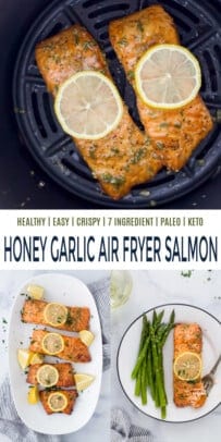 pinterest image for Easy Honey Garlic Air Fryer Salmon Recipe