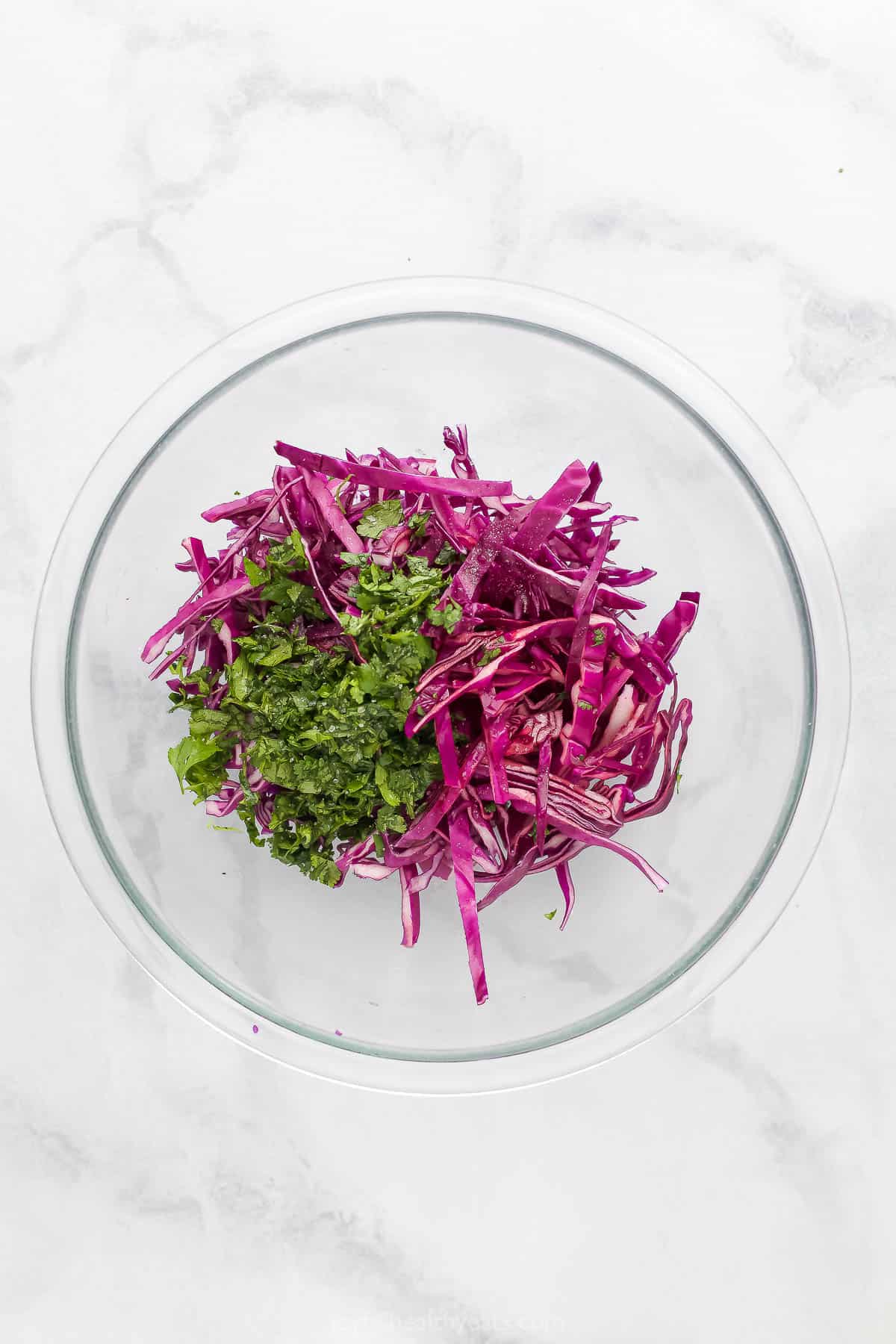 The cabbage slaw ingredients inside of a mixing bowl before they've been combined