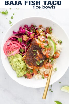 pinterest image for Baja Fish Taco Rice Bowls