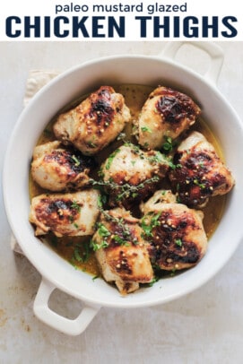 pinterest image for paleo mustard glazed chicken thighs