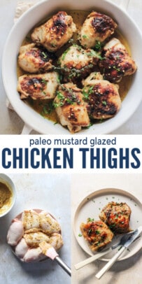 pinterest image for paleo mustard glazed chicken thighs