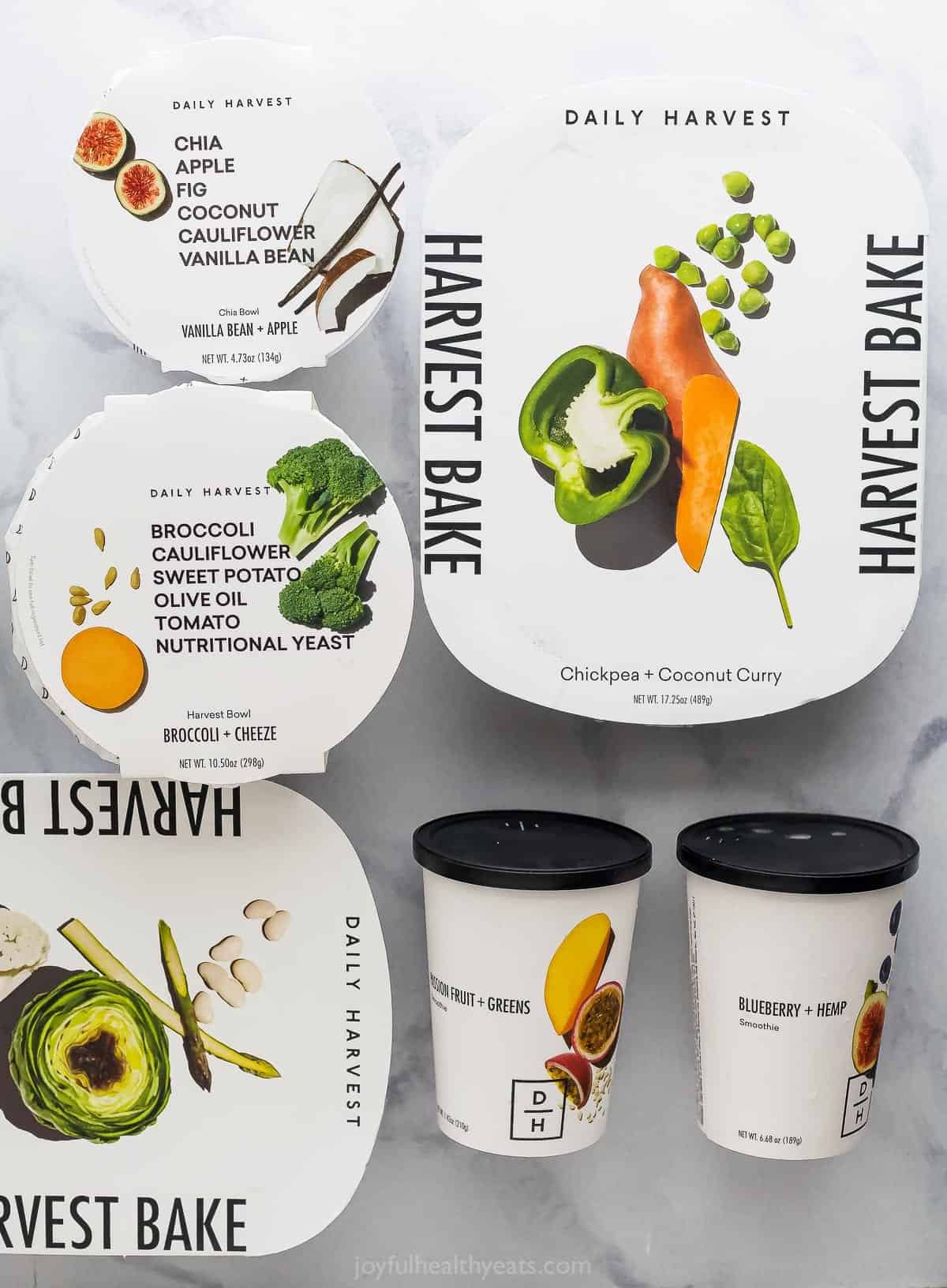 Collection of daily harvest collections from new whole 30 boxes