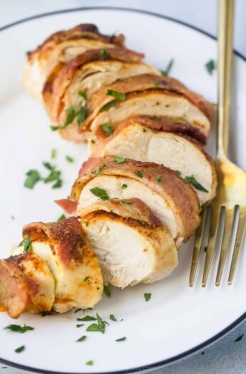 Close-up of slices of bacon wrapped chicken breast on a plate