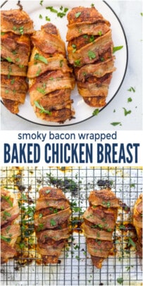 pinterest image for Smoky Bacon Wrapped Chicken Breasts