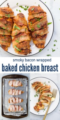 pinterest image for Smoky Bacon Wrapped Chicken Breasts