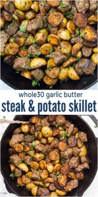 pinterest image for Whole30 Garlic Butter Steak and Potato Skillet