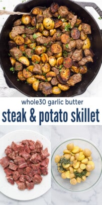 pinterest image for Whole30 Garlic Butter Steak and Potato Skillet