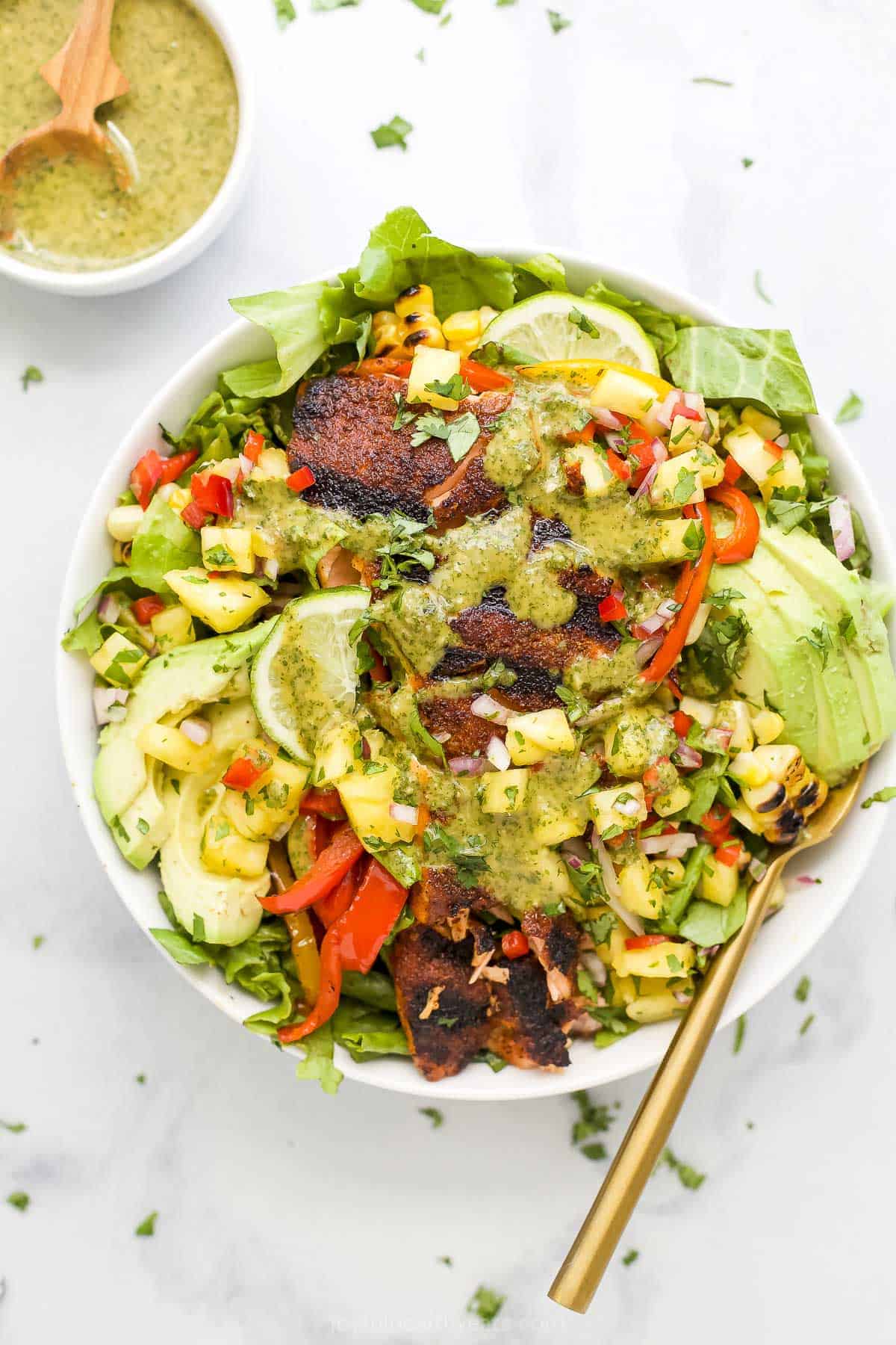 A bowl of salmon salad on a kitchen countertop beside a small dish of cilantro lime dressing.