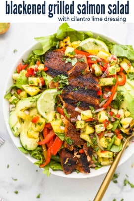 pinterest image for Blackened Grilled Salmon Salad with Cilantro Lime Dressing