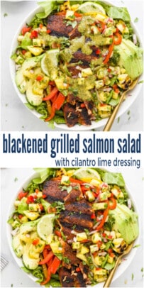 pinterest image for Blackened Grilled Salmon Salad with Cilantro Lime Dressing