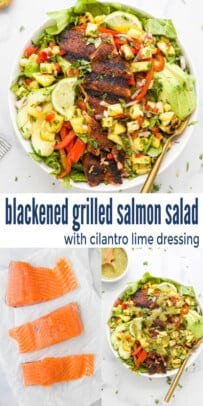 pinterest image for Blackened Grilled Salmon Salad with Cilantro Lime Dressing