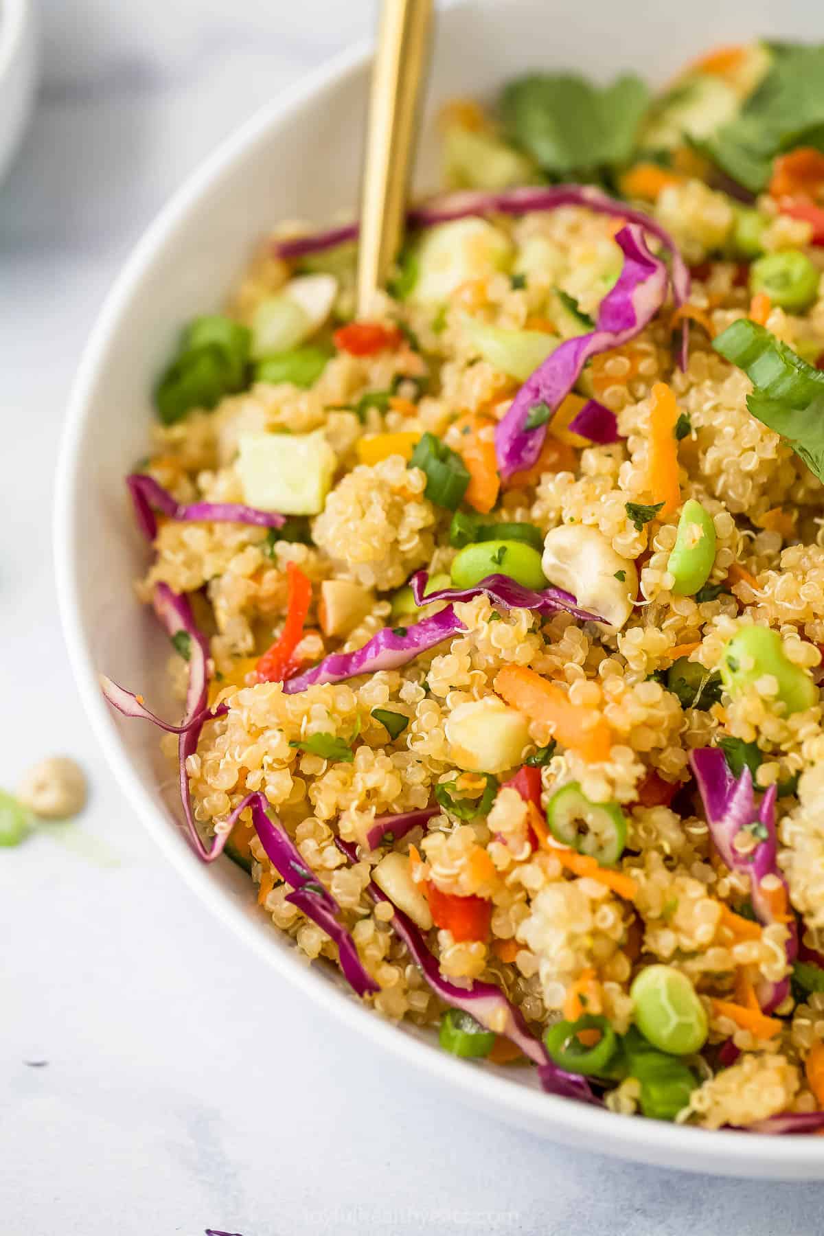 A close-up shot of homemade quinoa salad inside of a large serving bowl