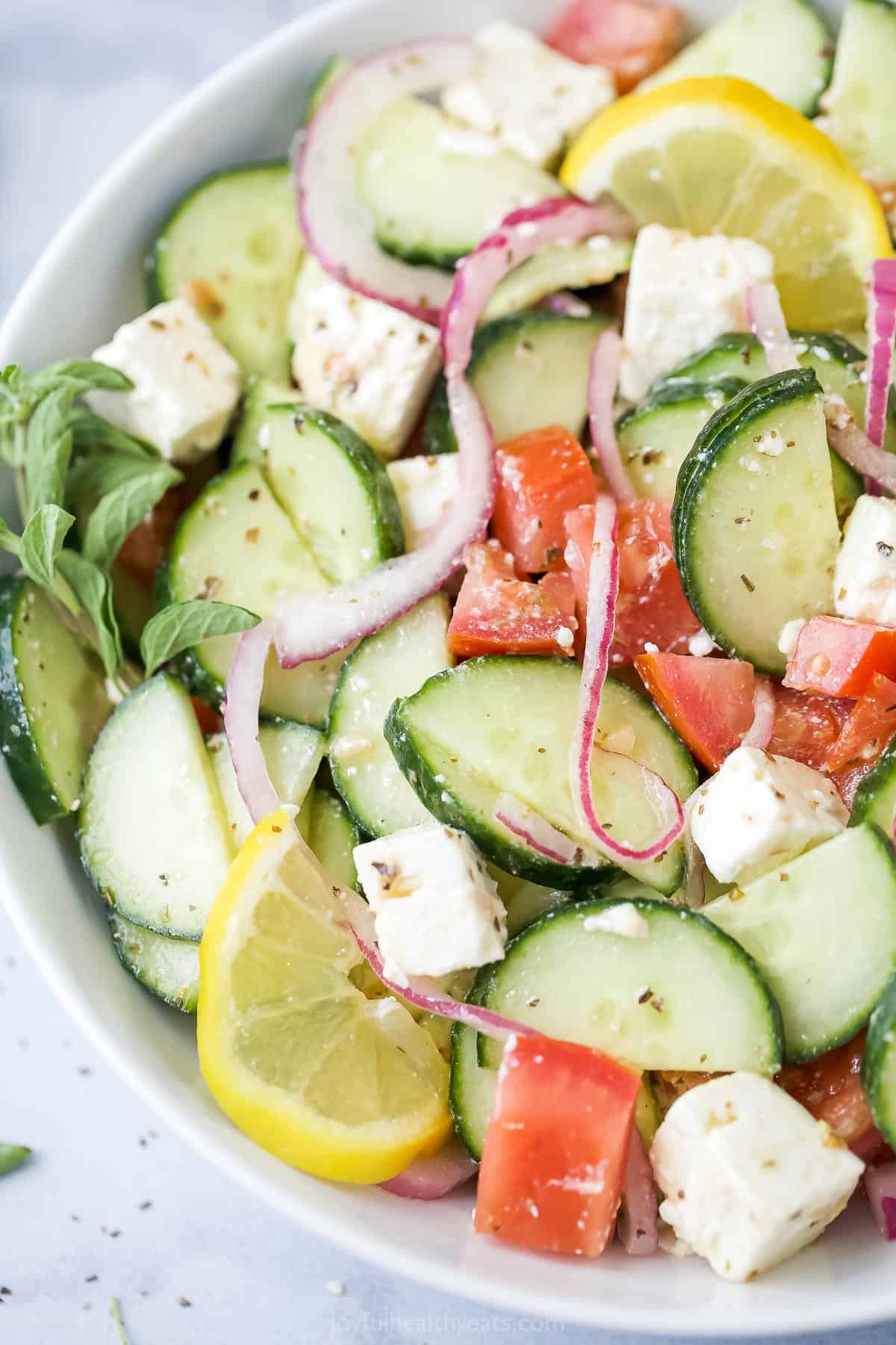 A close-up shot of a tomato cucumber salad in a white bowl