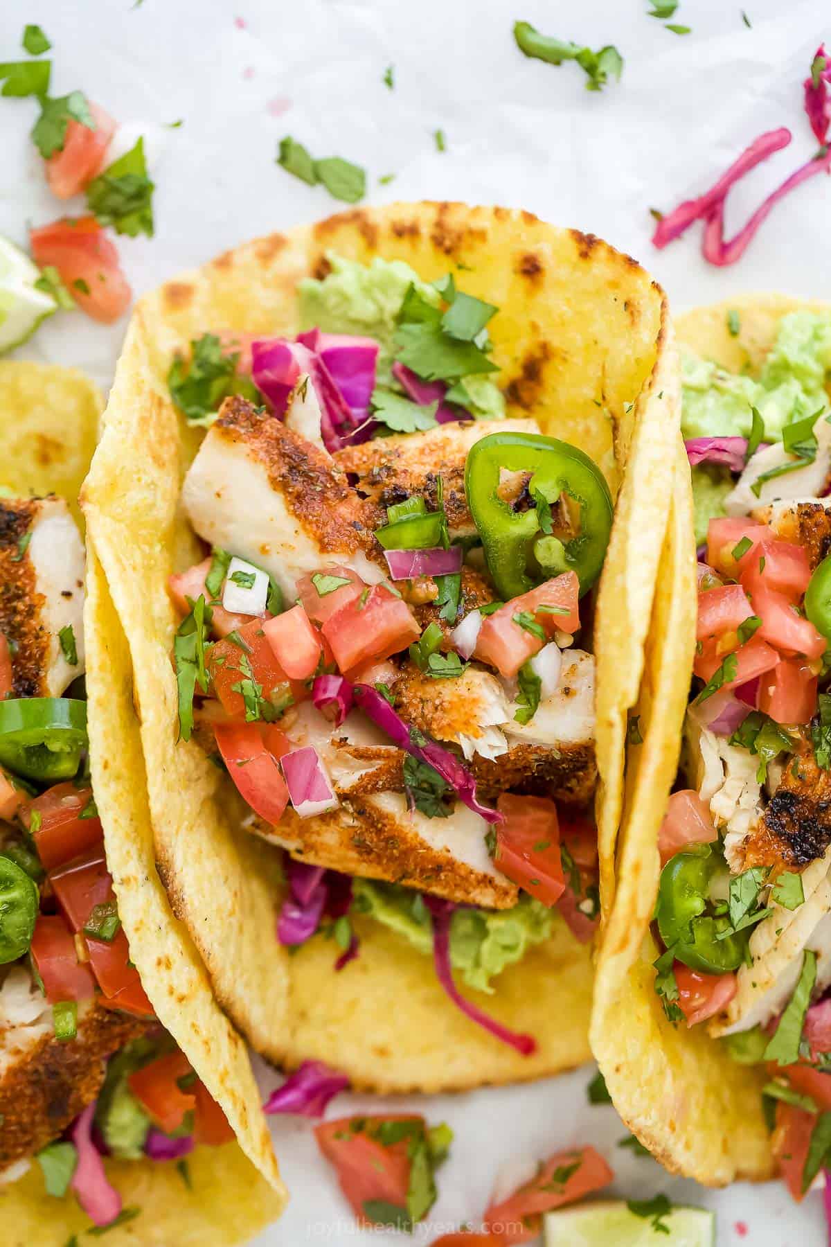 A close-up shot of a grilled white fish taco with chipotle lime crema and pico de gallo