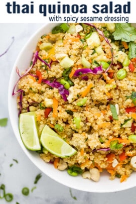 pinterest image for Crunchy Thai Quinoa Salad with Spicy Sesame Dressing