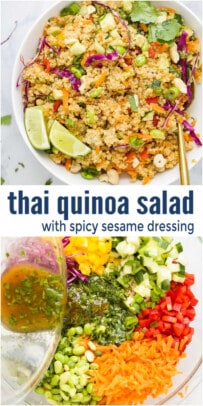 pinterest image for Crunchy Thai Quinoa Salad with Spicy Sesame Dressing