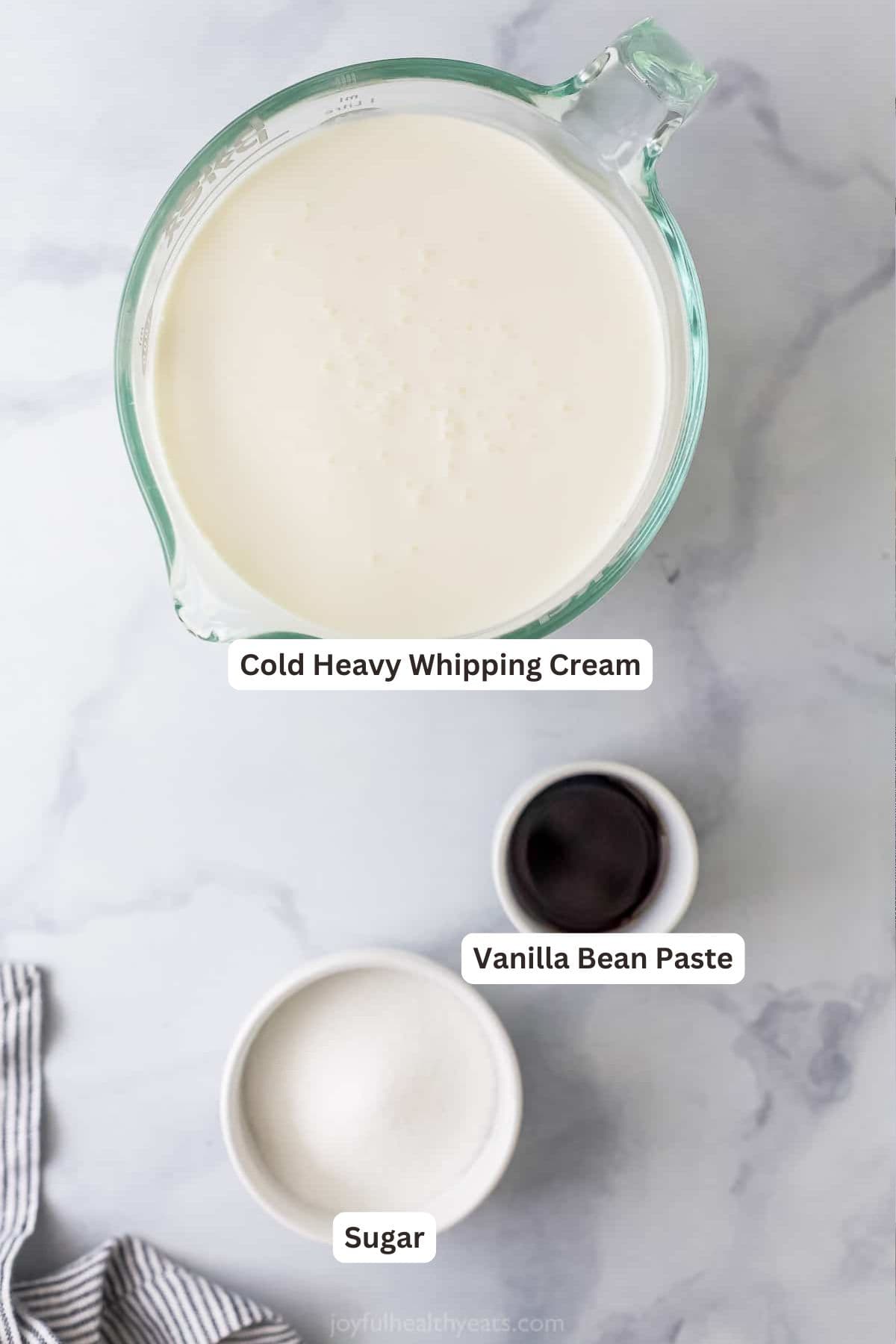 Ingredients for 3 Ingredient Homemade Whipped Cream Recipe.