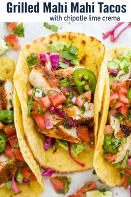 pinterest image for Grilled Mahi Mahi Tacos With Chipotle Lime Crema