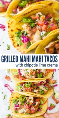 pinterest image for Grilled Mahi Mahi Tacos With Chipotle Lime Crema