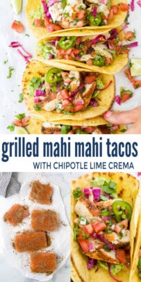 pinterest image for Grilled Mahi Mahi Tacos With Chipotle Lime Crema