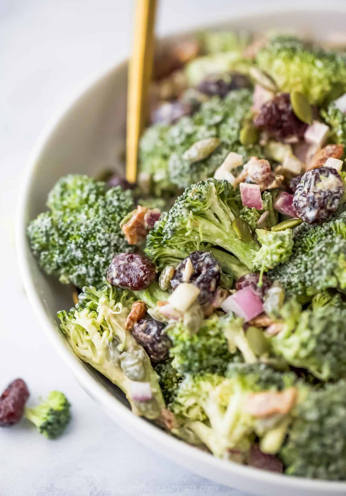 A close-up shot of broccoli salad with dried cranberries in a large serving bowl