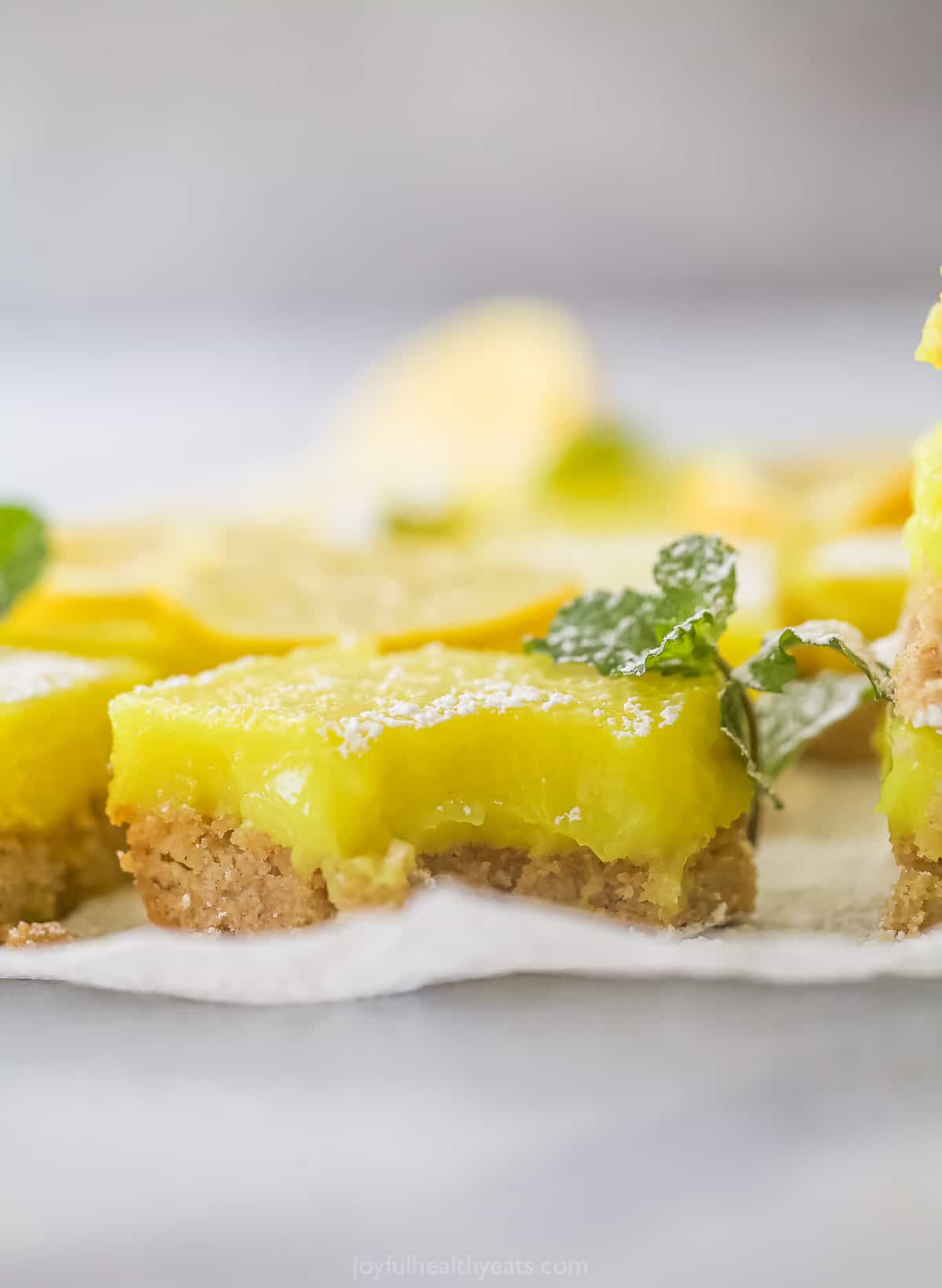 A batch of homemade lemon squares lined up on a sheet of parchment paper