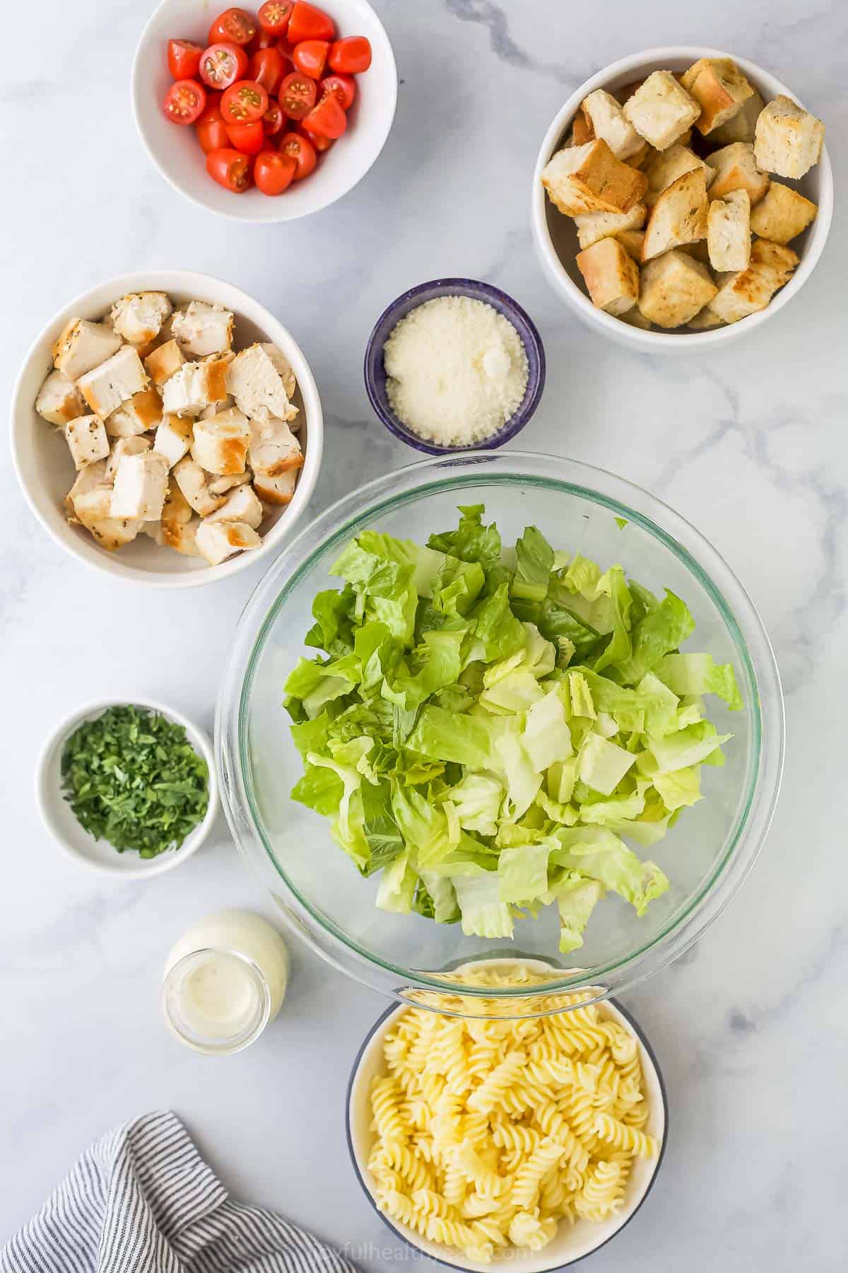 Romaine lettuce, grated parmesan cheese and the rest of the salad ingredients arranged on a marble surface