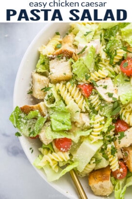 pinterest image for Easy Chicken Caesar Pasta Salad