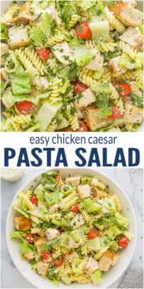 pinterest image for Easy Chicken Caesar Pasta Salad