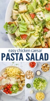 pinterest image for Easy Chicken Caesar Pasta Salad