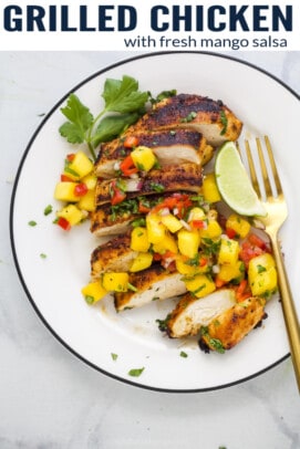 pinterest image for Spice Rubbed Grilled Chicken Breasts With Mango Salsa