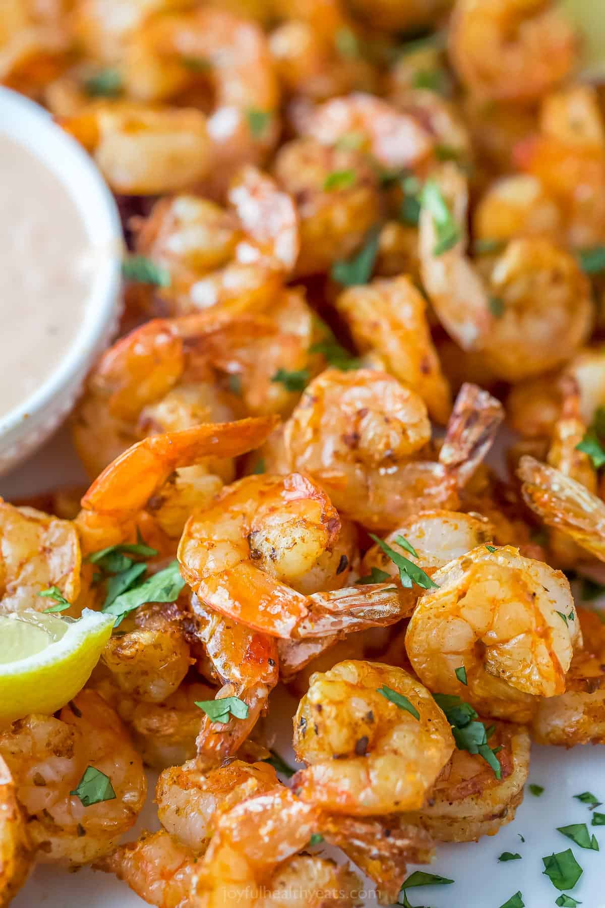 close up of shrimp cooked that have been cooked in an air fryer