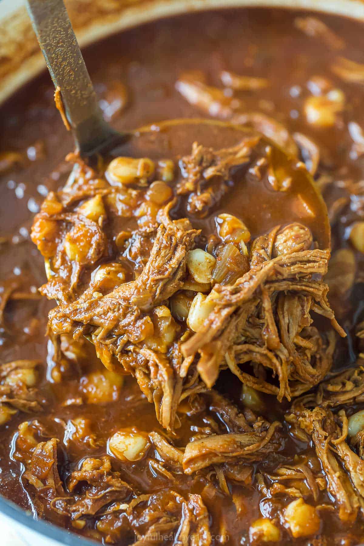 Close up of Mexican Chicken Stew with bits of pulled chicken and hominy in a brown broth