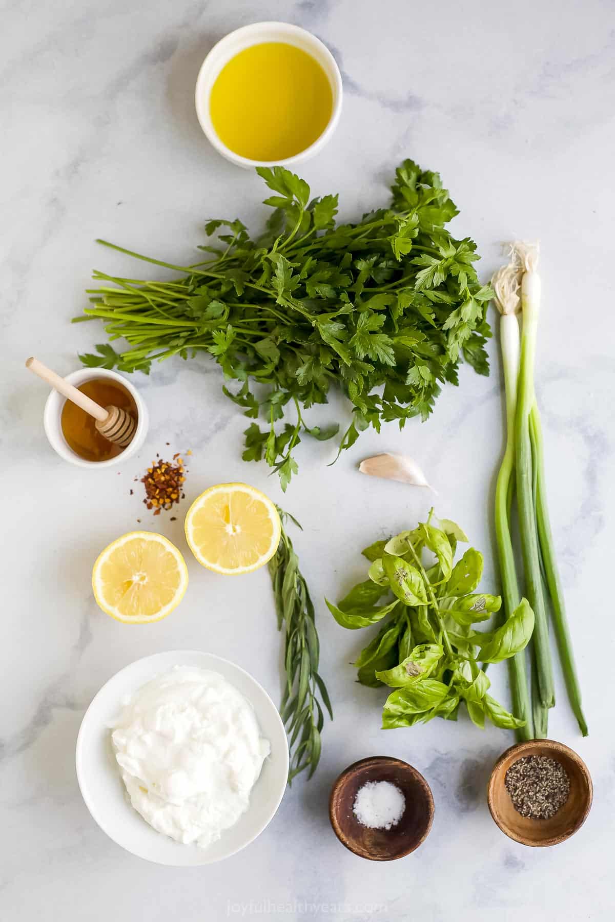Greek yogurt, honey, basil, tarragon and the rest of the ingredients on a marble countertop