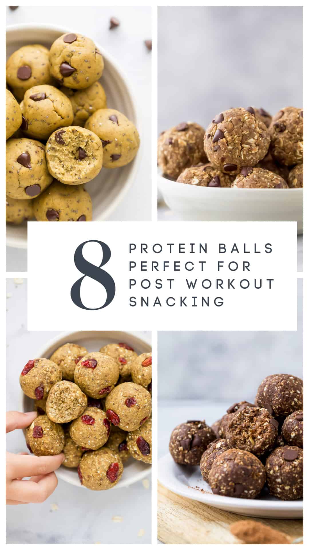 Nothing will help you recharge after a workout like one of these soft & chewy No-Bake Protein Balls. They stay fresh in the fridge all week! pinterest image for 8 Protein Balls Perfect for Post Workout Snacking