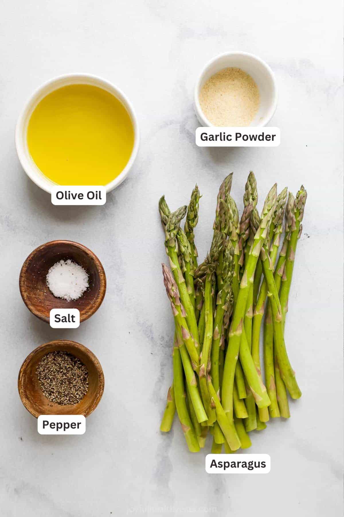 Gently seasoned with salt, pepper and garlic powder, this tender-crisp Air Fryer Asparagus doesn't need anything fancy to make it shine! Ingredients for Air Fryer Asparagus.