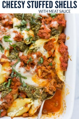 pinterest image for Cheesy Stuffed Shells with Meat Sauce
