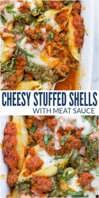 pinterest image for Cheesy Stuffed Shells with Meat Sauce