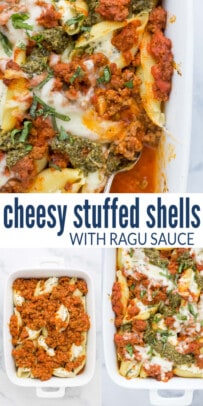 pinterest image for Cheesy Stuffed Shells with Meat Sauce