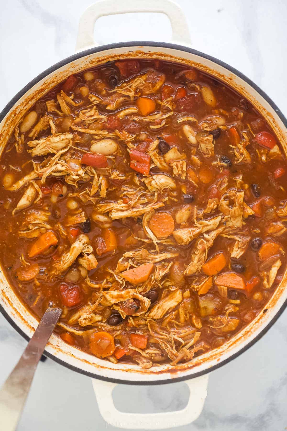 Smoky chicken chili with beans and vegetables.