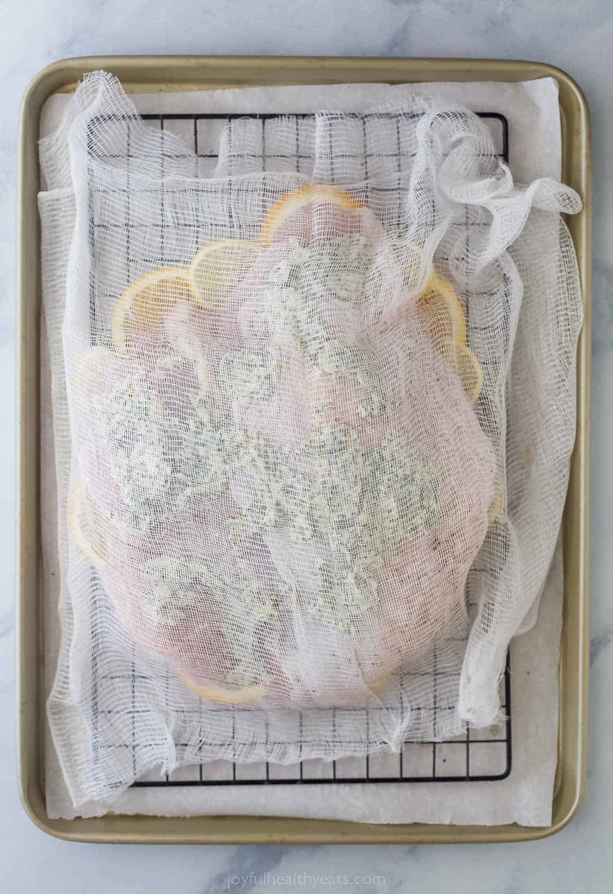 a seasoned raw turkey breast covered with cheese cloth on a sheet tray