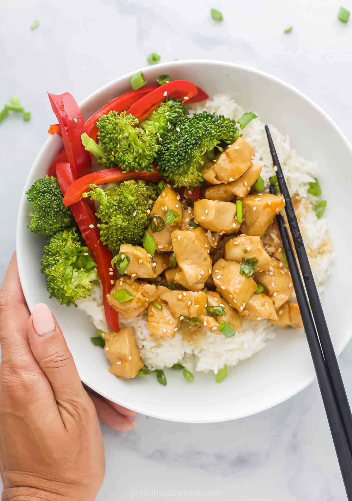 stir-fried chicken and vegetables served on top of rice