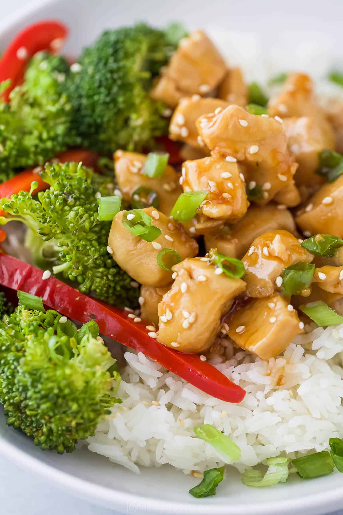 stir-fried chicken and vegetables served on top of rice