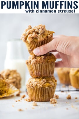 pinterest image for Easy Pumpkin Muffins with Cinnamon Pecan Streusel