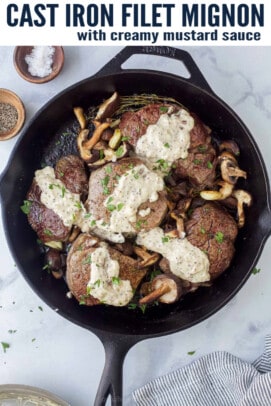 pinterest image for Filet Mignon with Mustard Cream Sauce and Mushrooms
