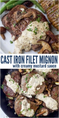 pinterest image for Filet Mignon with Mustard Cream Sauce and Mushrooms