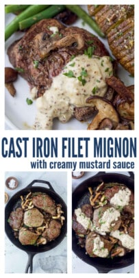 pinterest image for Filet Mignon with Mustard Cream Sauce and Mushrooms