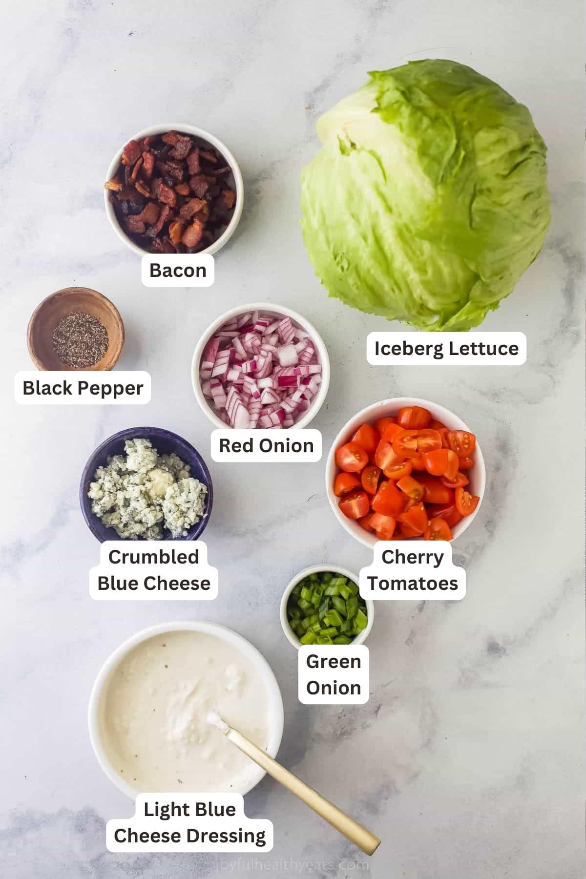 Ingredients for Classic Wedge Salad with Light Blue Cheese Dressing.
