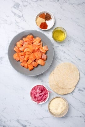 Ingredients to make salmon tacos.